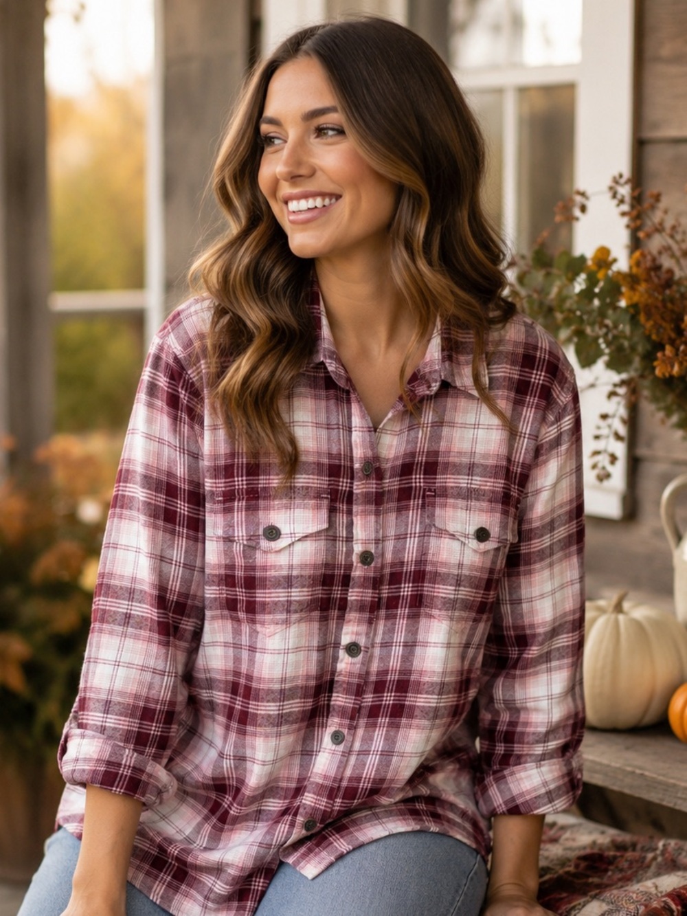 Tilley Women's Burgundy Plaid Button-Up Shirt L Cabincore Nature Girl Utility